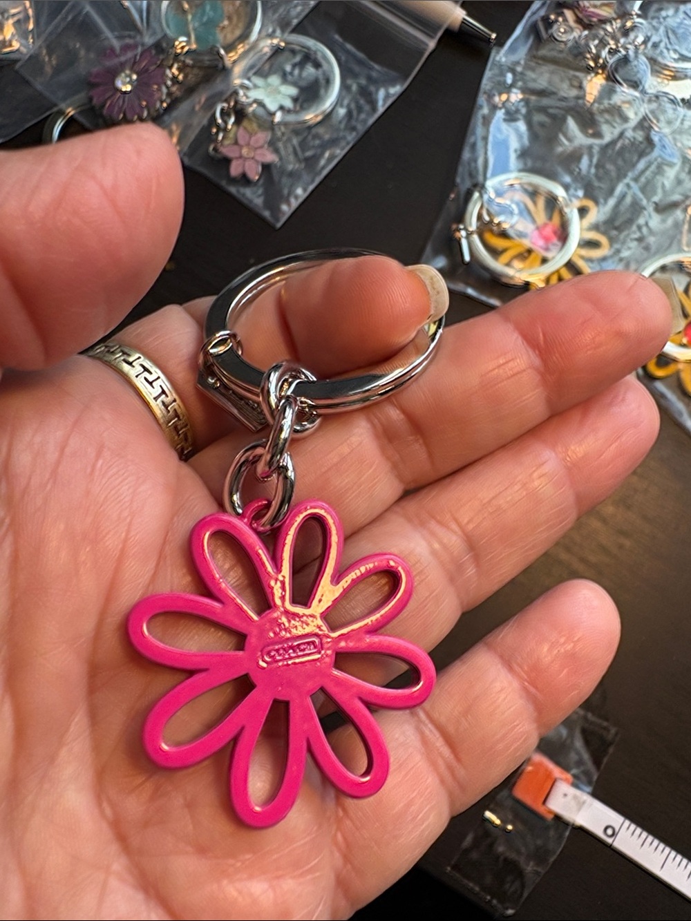 Coach Hot Pink Daisy Keyring with Crystal Center - Picture 3 of 3